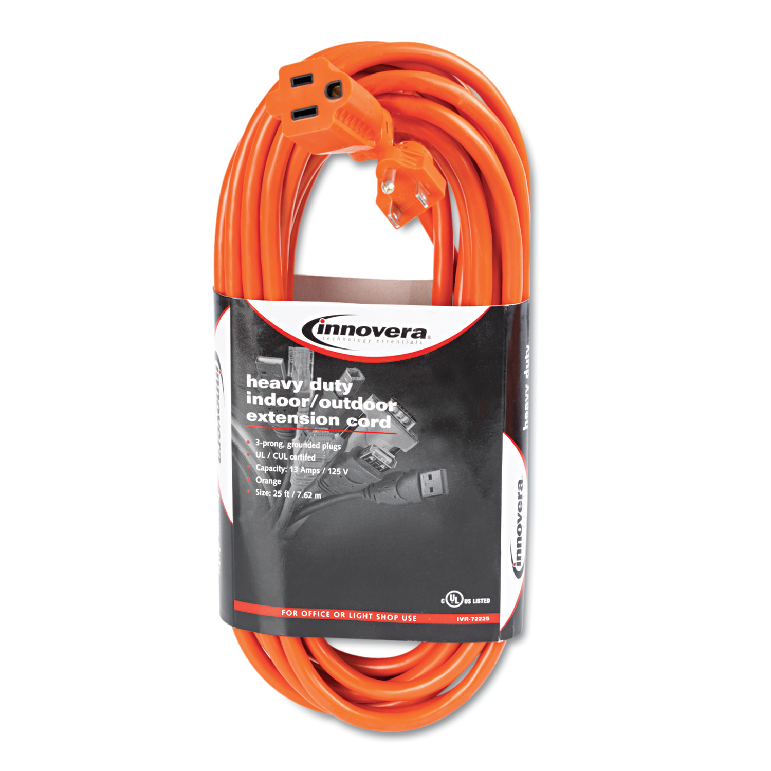 Innovera Indoor/Outdoor Extension Cord, 25ft, Orange
