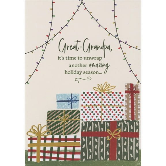 Designer Greetings Time to Unwrap Another Amazing Holiday: Gifts with Gold Bows Christmas Card for Great-Grandpa