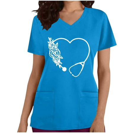 

Womens Scrubs Tops Heartbeat Graphic Printed Short Sleeve V-Neck Nurse Uniforms Soft Stretch Revolution Holiday Scrubs with Pockets