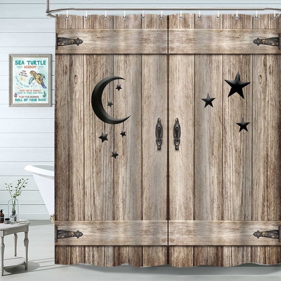 Barn Door Shower Curtain, Rustic White Wood Door Bathroom Shower Curtain Set Islam Crescent Moon And Star Decor Bathroom Bathtub