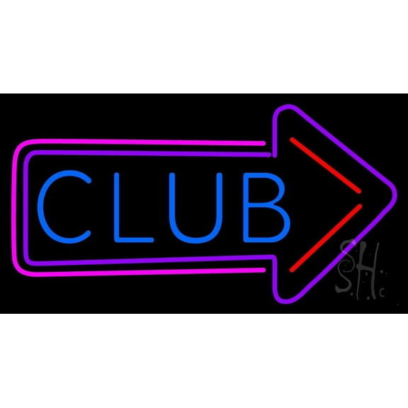 Club With Arrow LED Neon Sign 20 x 37 - inches, Clear Edge Cut Acrylic Backing, with Dimmer - Bright and Premium built indoor LED Neon Sign for Bar decor.