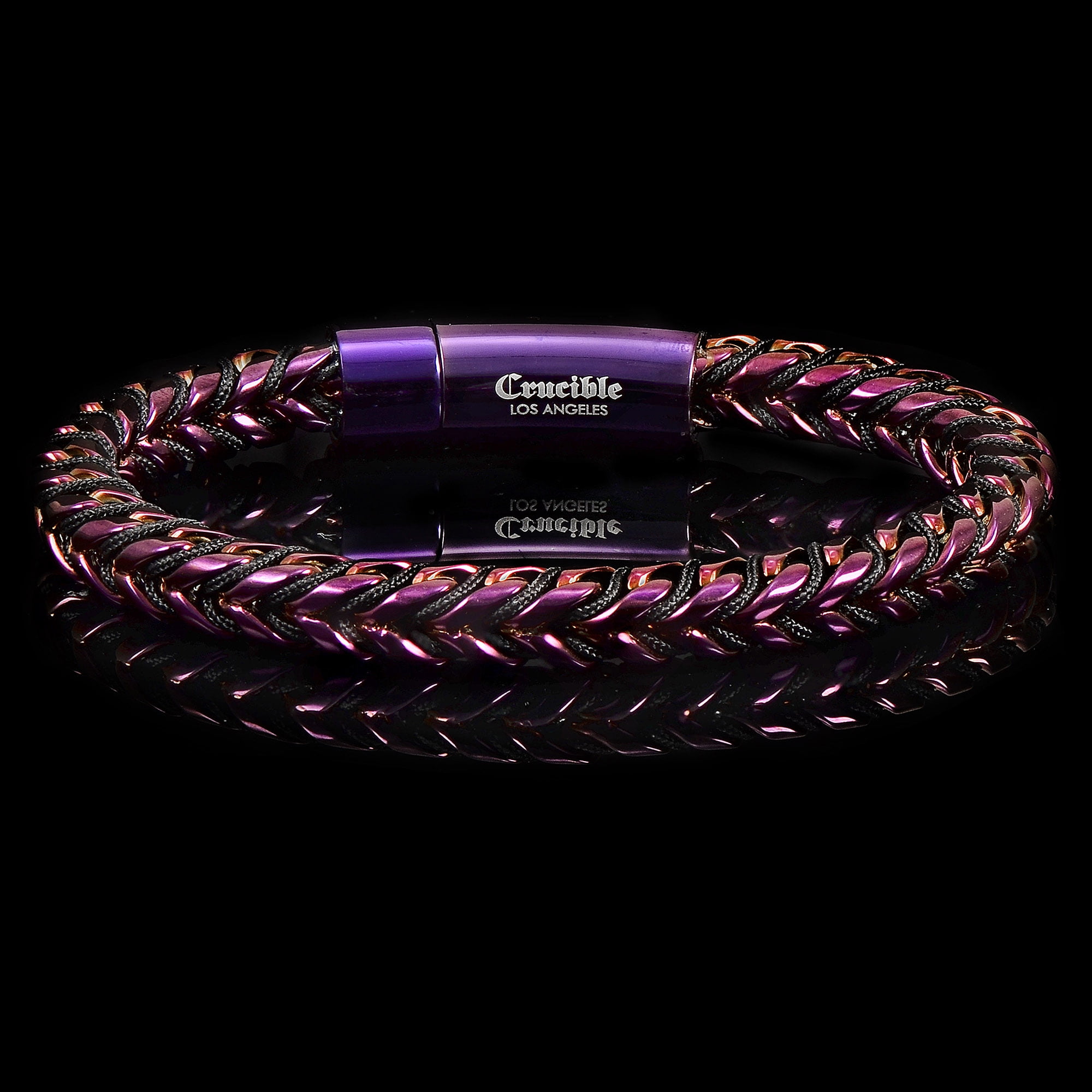 Crucible Jewelry Men's Polished Purple Plated Stainless Steel Franco Chain and Nylon Cord Bracelet (7mm) - 8"