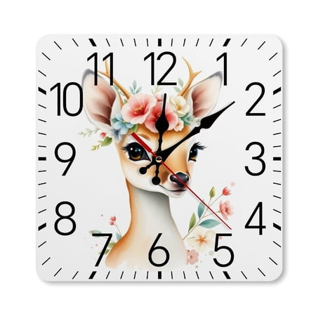 RKSupls 10×10inch Square Silent Wall Clock Wooden Frame, Deer Floral Portrait Scale Decorative Clock for Home Bedroom Living Room Office