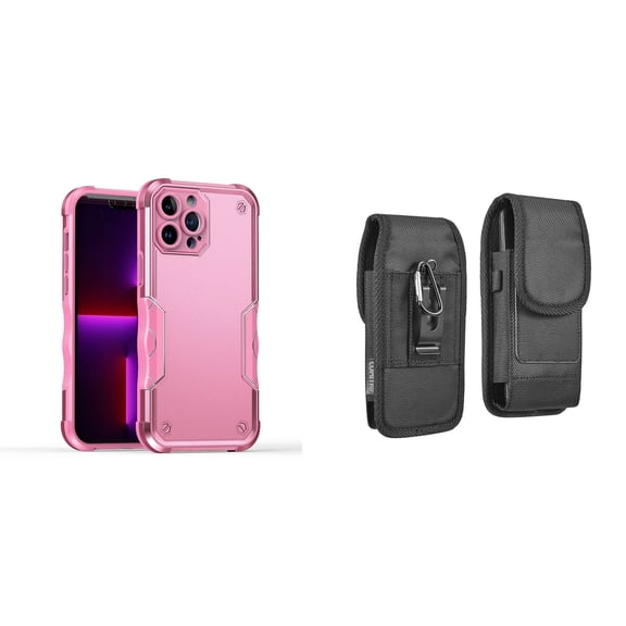 Case with Belt Holster Bundle for iPhone 14 Pro Max: Slim EX Hybrid Series Shockproof Case (Pink) and Vertical Rugged Nylon Phone Pouch
