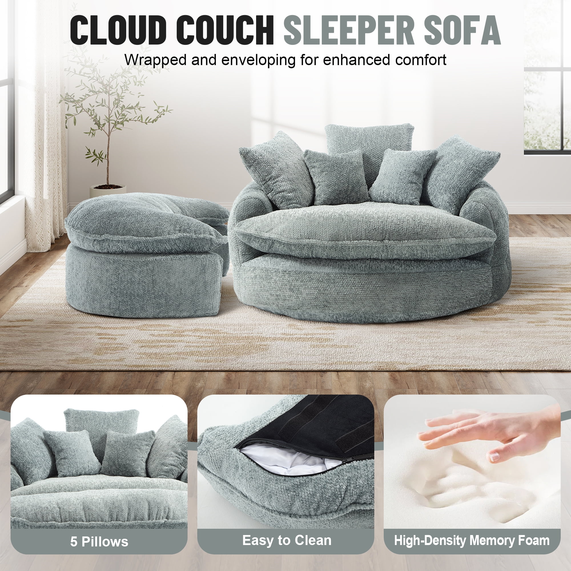 Aukfa 75" Oversized Round Chaise Lounge Chair with Half Moon Ottoman, Boneless Cloud Circle Deep Seat Sofa Set for Living Room, 5 Pillows, No Assembly Required, Light Blue