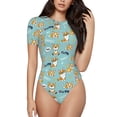 thumbnail image 1 of Saiise Pyjama à Manches Courtes Motif Chiens Mignons Corgi pour Femmes Col Rond Justaucorps Extensible avec Fermeture à Pression-Moyen, 1 of 7