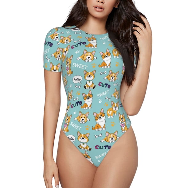 Fotbe Cute Dogs Corgi Body de Mujer con Cuello Redondo y Mangas Cortas, Sin Mangas Ajustado, Suave, Cómodo y Básico-Medium