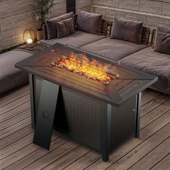 OPOHORO 43" Rectangular Propane Fire Pit 50,000 BTU Outdoor Metal Fire Pit Table with Lid, Brown