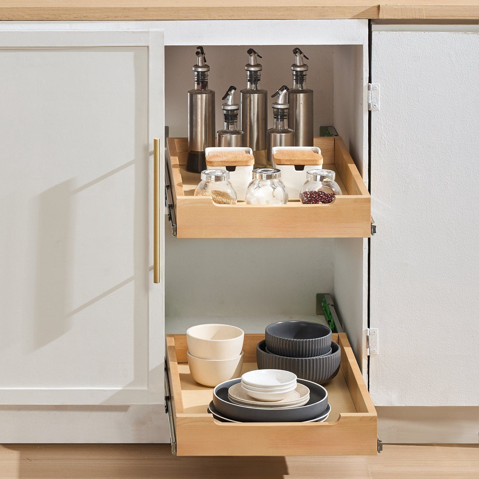 14"W x 21"D Pull Out Cabinet Organizer – Soft Close Slide-Out Shelf – Wooden Drawer Storage for Pantry, Kitchen & Bathroom – Easy Install, Heavy Duty – Maximizes Cabinet Space – No More Wasted Storag
