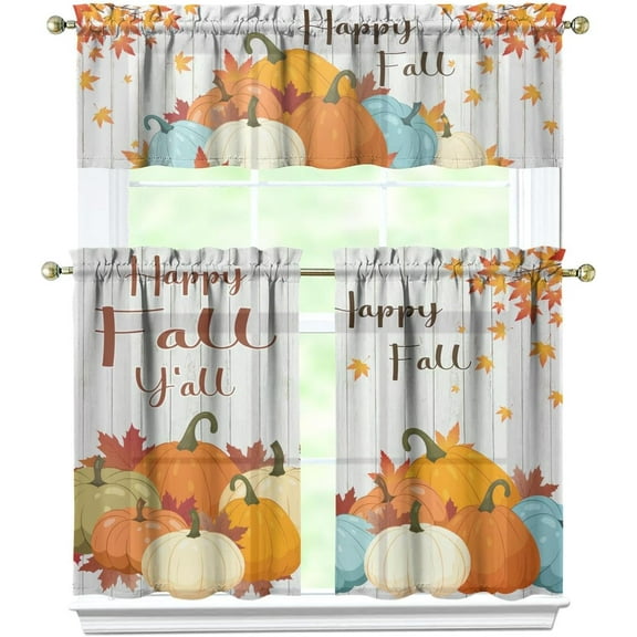 Fall Kitchen Curtains, Thanksgiving Fall Window Curtains Tier and Valance Set Fall Decorations for Home, Autumn Kitchen Valances Rod Pocket Fall Decor, 54" x 18" Valance, 27" x 36" Tier, 3 Panel Set