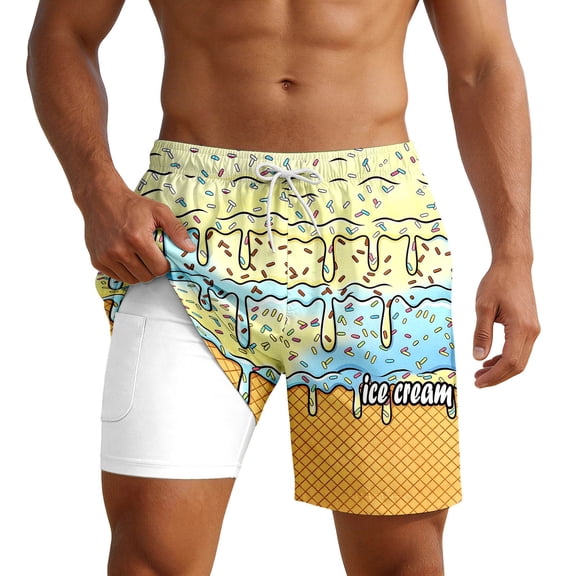 CONZONE Mens Swim Trunks With Mesh Liner Ice Cream Graphic Board Shorts for Men Elastic Waist Drawstring Lightweight Quick Dry Summer Beach Swim Shorts
