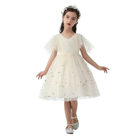 

Kamo Little Girls Sequin Mesh Tulle Dress Flutter Sleeve Princess Dresses Wedding Party Ball Gown