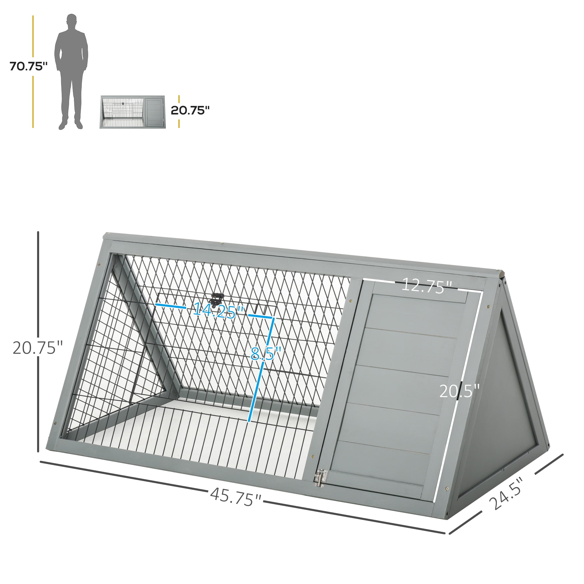 PawHut 46" x 24" Wooden A-Frame Outdoor Rabbit Cage Small Animal Hutch with Outside Run & Ventilating Wire, Gray