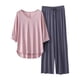 thumbnail image 1 of Conjunto de pijama con cuello en V para mujer: top de manga 3/4 y pantalones anchos, color liso, ropa de dormir ligera, tallas L/XL, 1 of 3