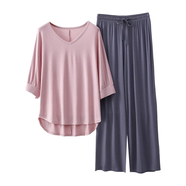 Conjunto de pijama con cuello en V para mujer: top de manga 3/4 y pantalones anchos, color liso, ropa de dormir ligera, tallas L/XL
