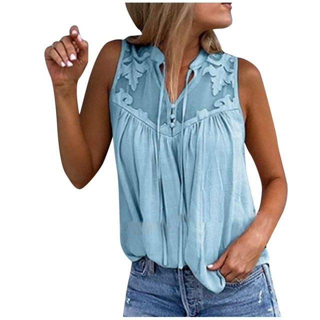 Womens Summer Tops, Spring Summer Temptation Solid Color Chiffon Stitching Lace V-Neck Sleeveless, Women's Top