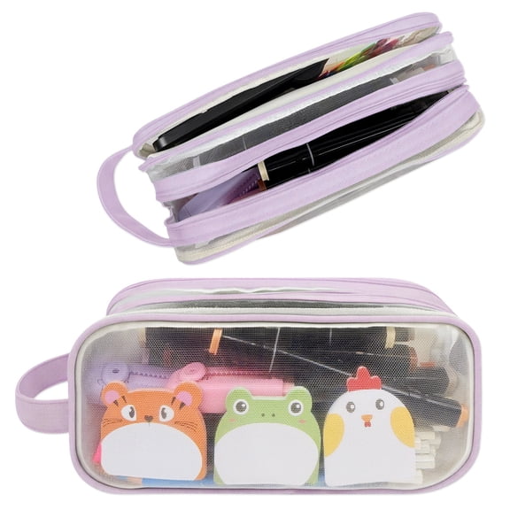 allydrew 2 Compartment Large Grid Transparent Mesh Pencil Case, Pencil Pouch for Stationery Tools, Makeup, and Travel, Purple