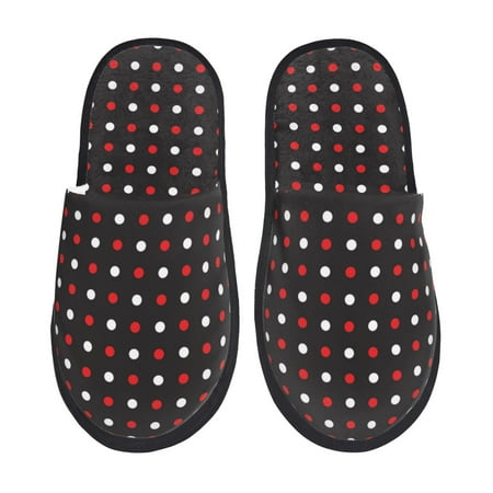 Balery Red and white polka dots Slient Indoor Furry Fleece Comfort House Shoes Soft Non-Slip Home Shoes Cotton slippers House Slippers-- Large