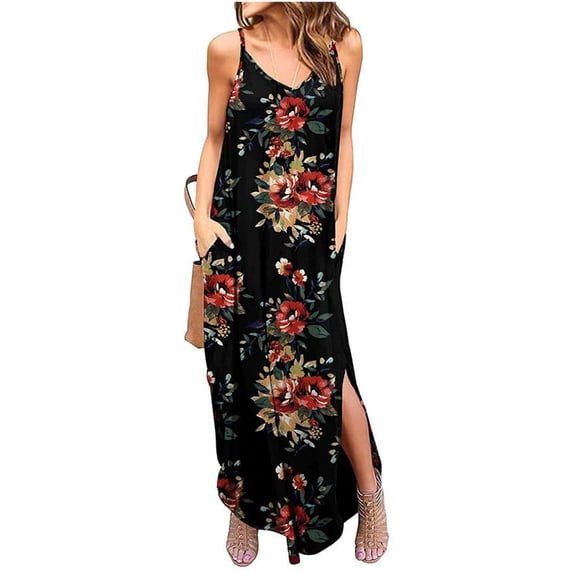 Uhndy Women'S Summer Maxi Dress Casual Loose Pockets Long Dress Floral Print Sleeveless Split Dress Beach Kaftan Cover Up Dress-LQ