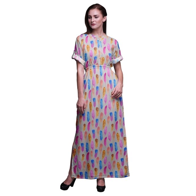 Bimba Rayon Colorful Feather Printed Gown Kimono Sleeves Summer Long Maxi SlitDress-XSmall