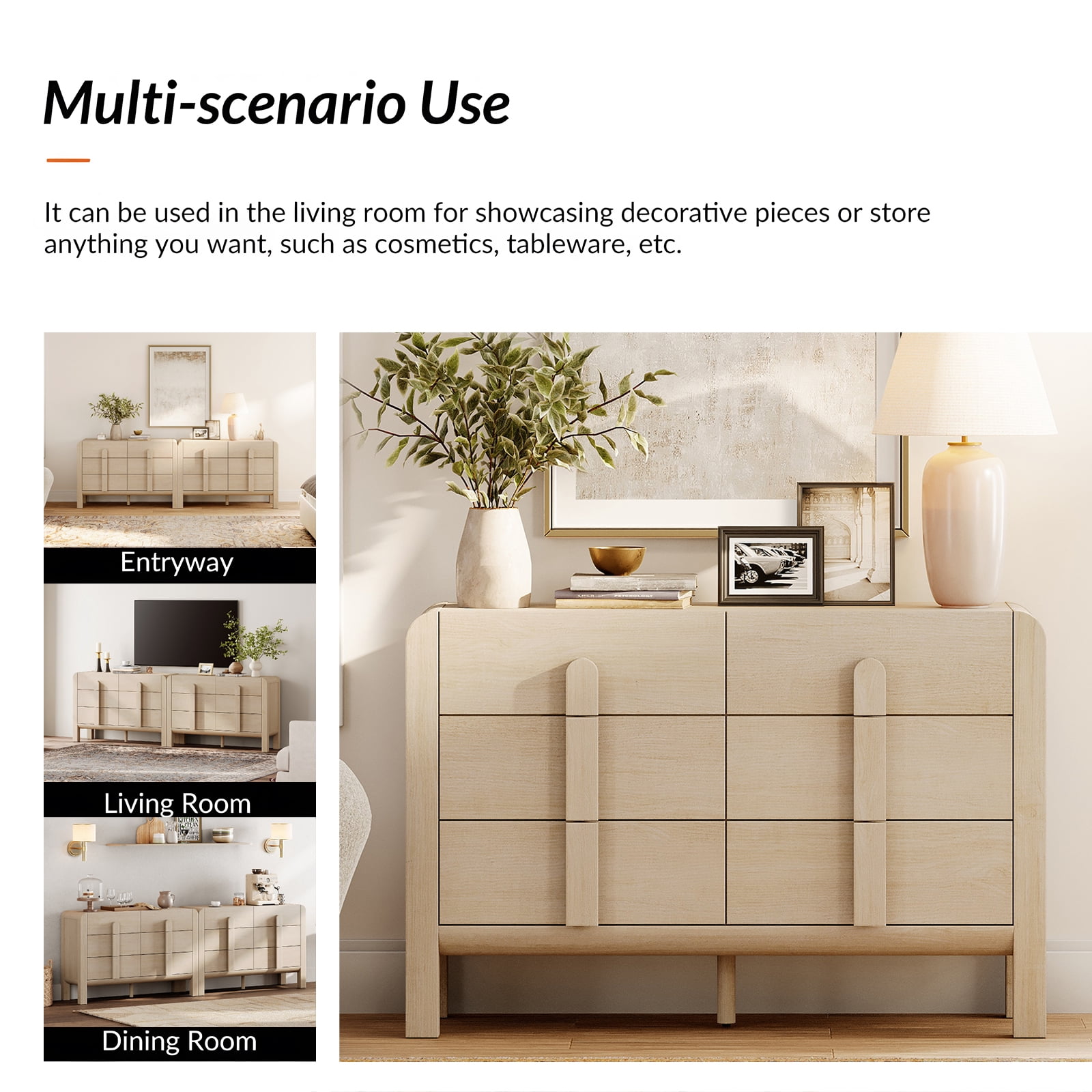 Mid Century 6 Drawer Dresser Set of 2, 47.2" Modern Chest of Drawers with Storage, Curved Profile Wood Double Dresser for Bedroom, Living Room, Hallway