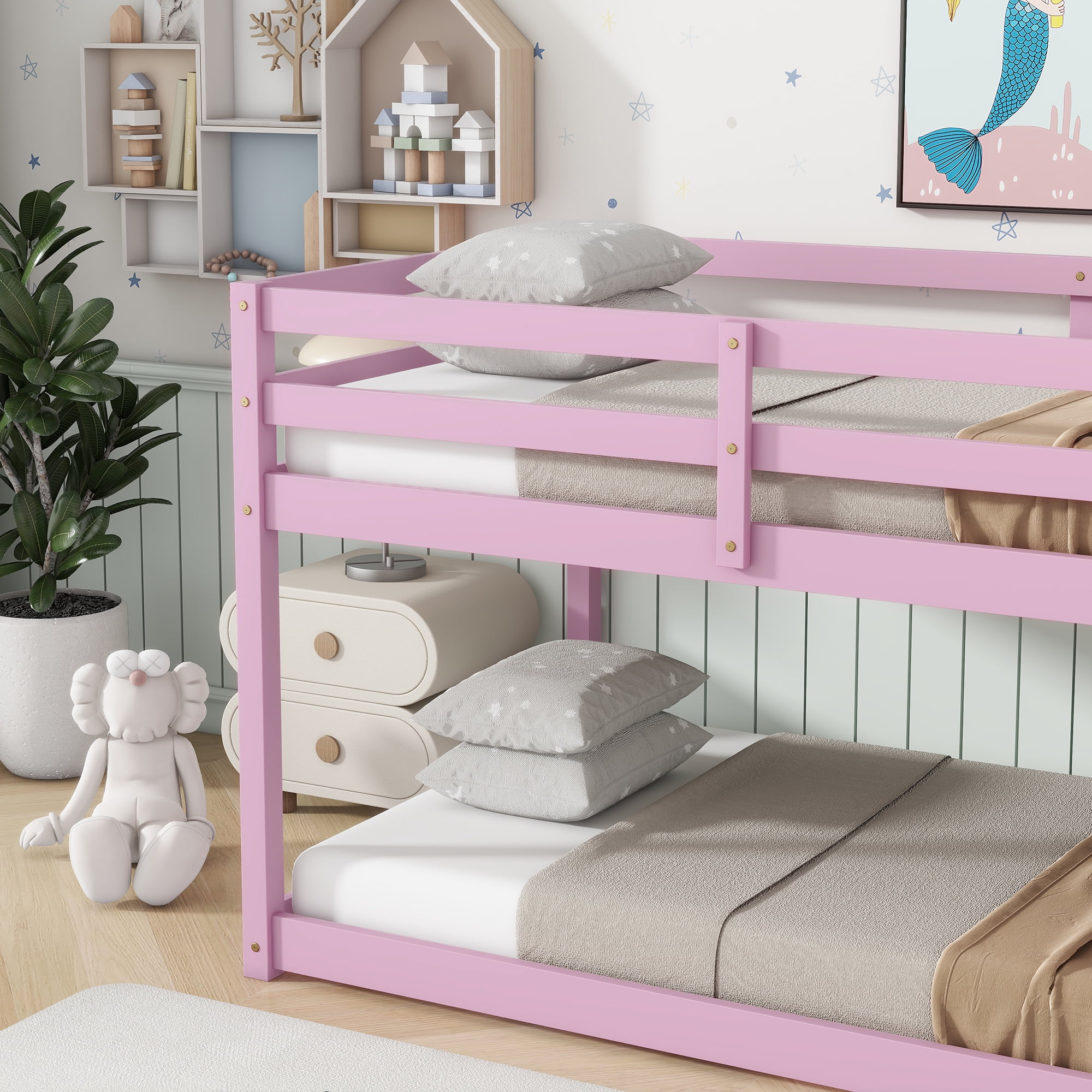 Alvantor Twin Over Twin Bunk Bed, Solid Rubber Wood Low Floor Bunk with Ladder, Pink