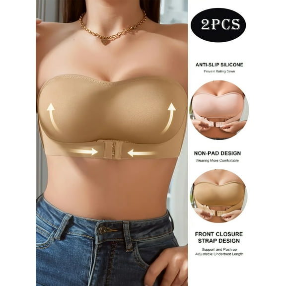 Aooho Strapless Silicone Bandeau Bra - Non-Padded Wireless Front Closure Tube Top for Women 2 PACK