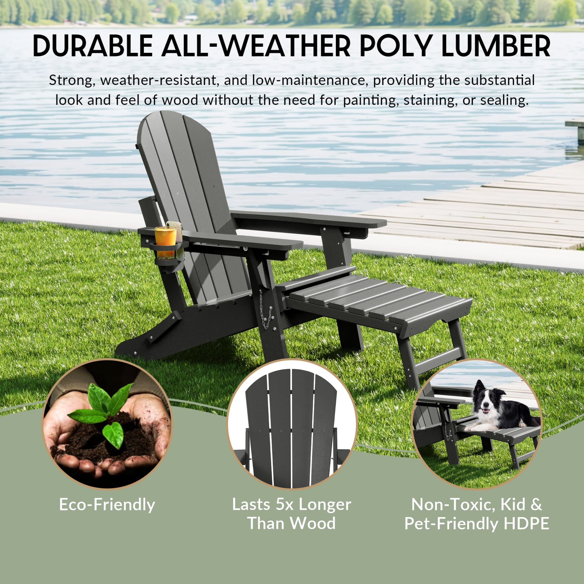 WestinTrends Malibu Folding Adjustable Adirondack Chair with Retractable Ottoman and Cup Holder (Set of 2), Gray