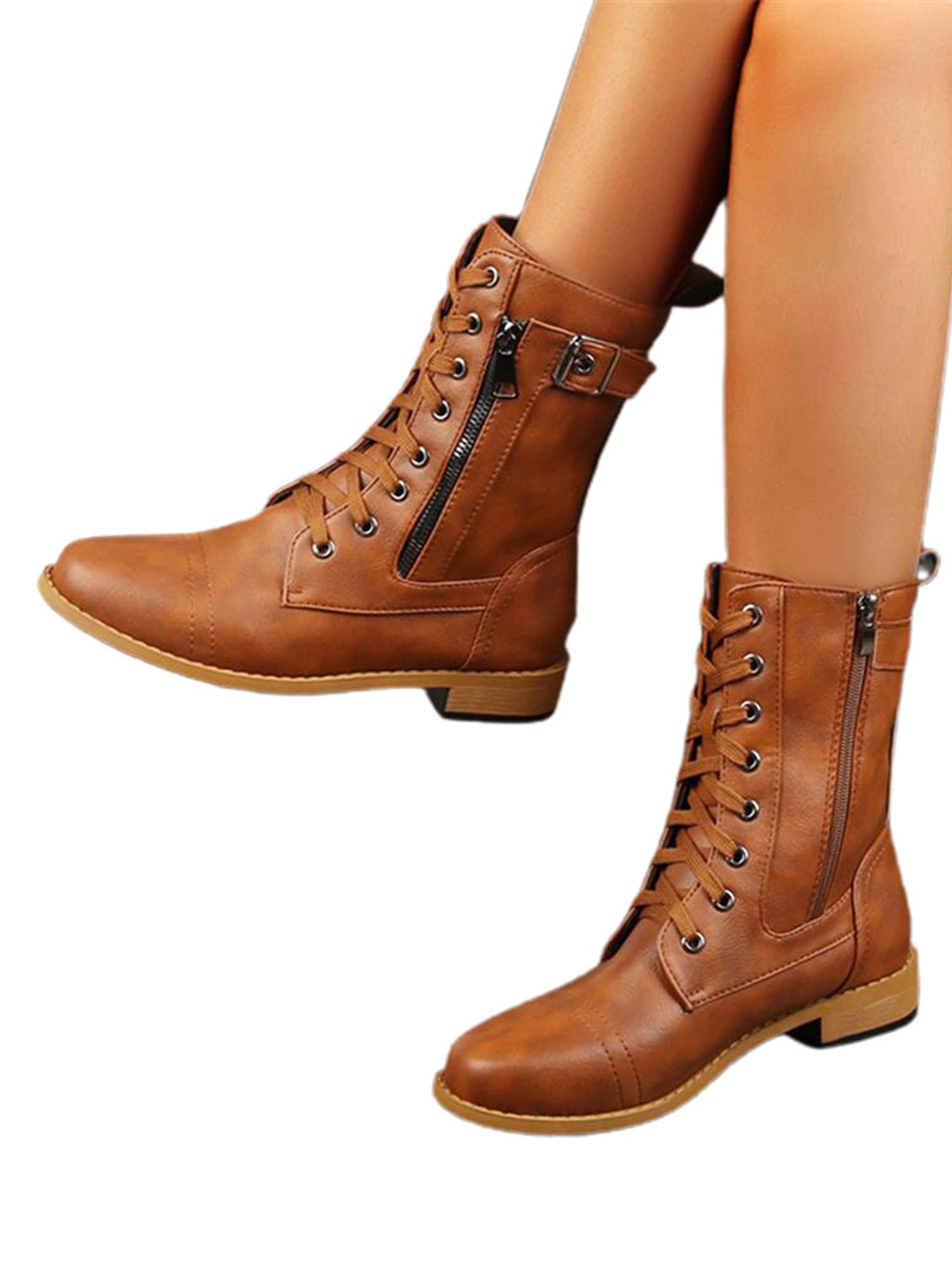 Casual Lace Up Women Lady Knee High Boots Cuban Heel Side Zipper Shoes Plus Size