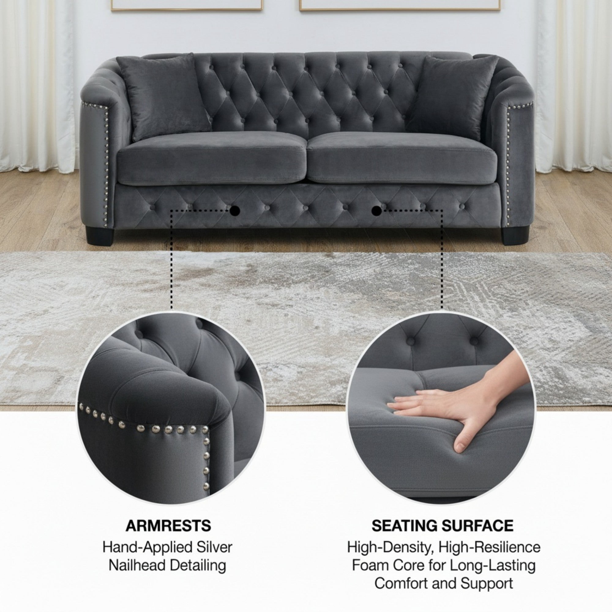 Sailvan 77" Modern Chesterfield Velvet Sofa, 3-Seater Tufted Upholstered Couch with Nailhead Trim & 2 Pillows for Living Room, Office Grey
