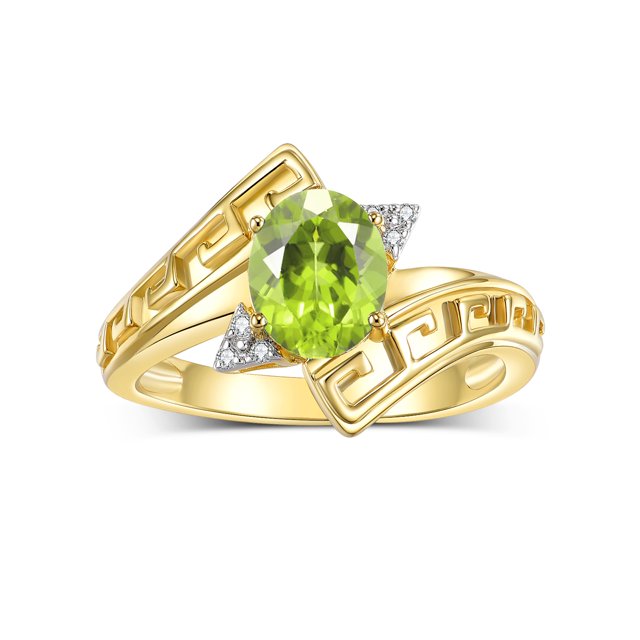 RYLOS Rings for Women 14K Gold Plated Silver Greek Key Designer Ring 9X7MM Gemstone & Diamond Ring August Peridot Jewelry Size 9