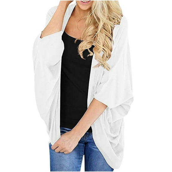 Womens Summer Fall Cardigans 3/4 Sleeve Pleated Outwear Casual Irregular Hem Open Front Lightweight Blouses Tops