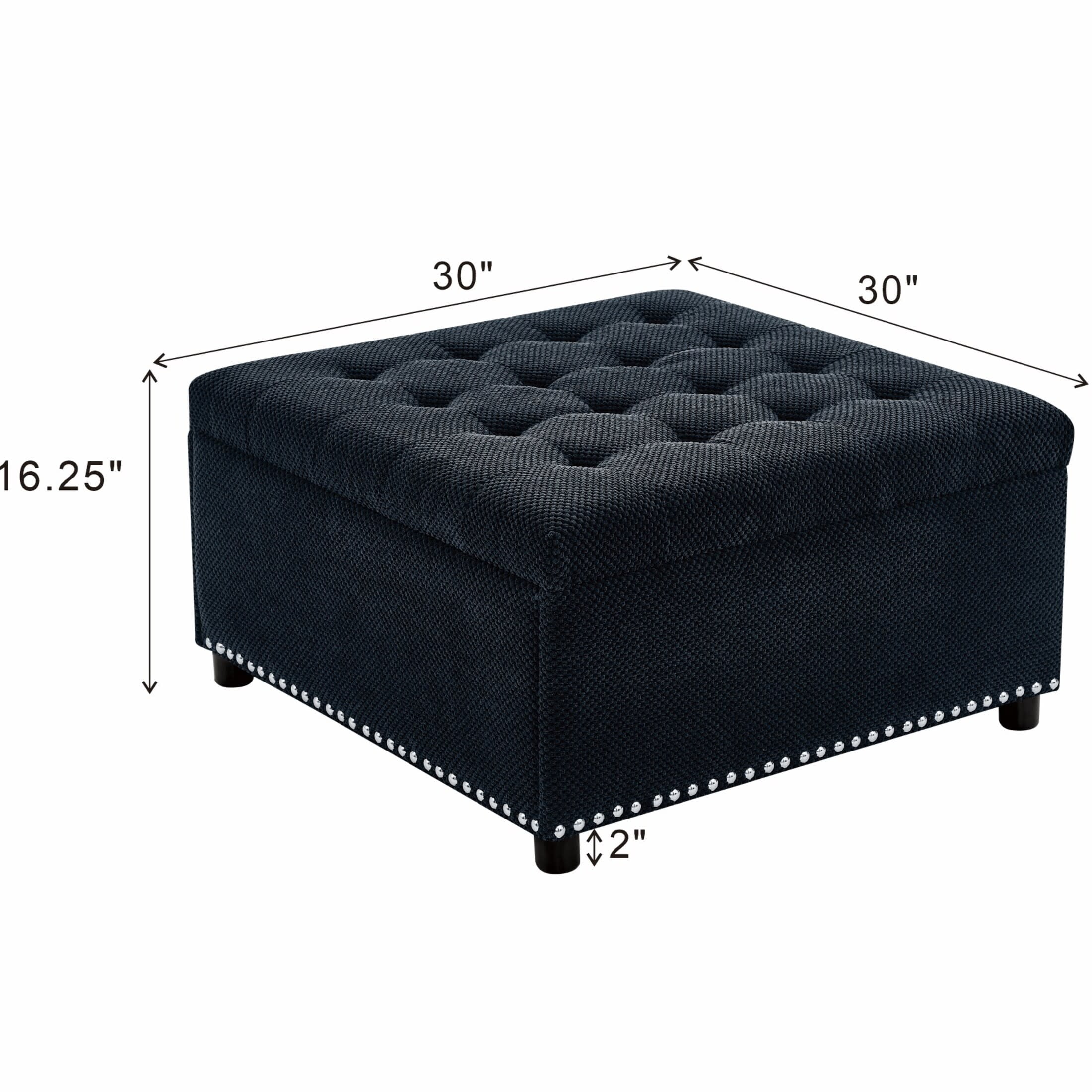 Noble House 30" Square Storage Ottoman with Tufted Top, Nailhead Trim, Black