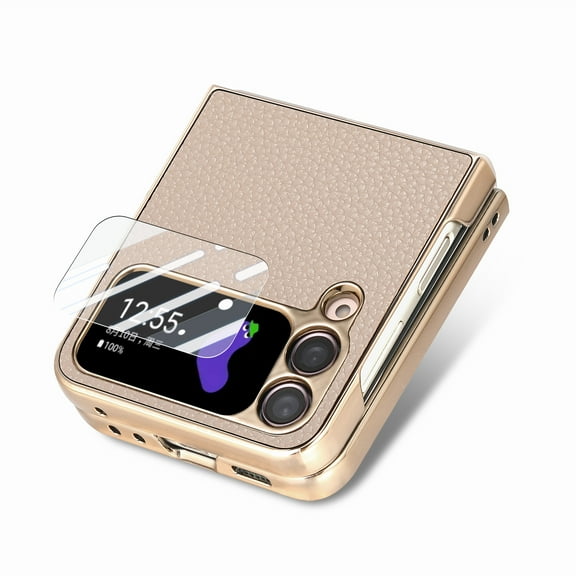 ELEHOLD for Samsung Galaxy Z Flip 4 Case Leather Protective Case with Tempered Glass Small Screen Protector Shockproof Anti-Scratch Phone Case for Galaxy Z Flip 4 2022, Khaki