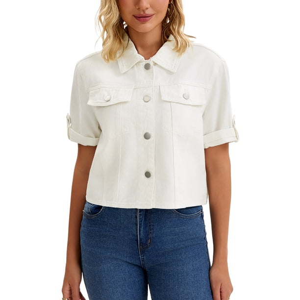 Chaqueta de mezclilla casual de mujer Inspire Chic con cuello de solapa, manga corta y botones, color blanco