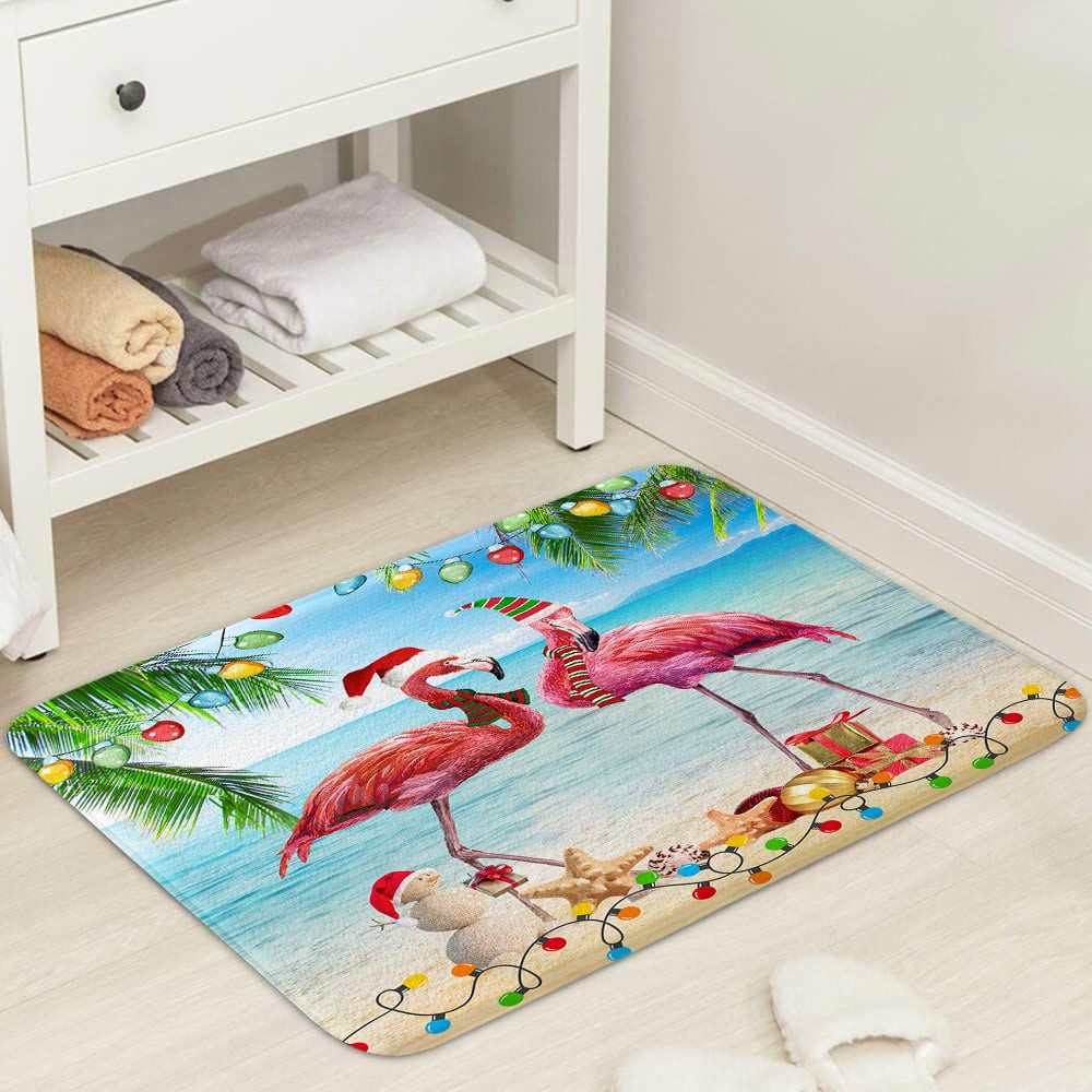 Christmas Bath Mat, Bright Tropical Christmas Beach Red Flamingo Funny Xmas Holiday Bath Rug for Bathroom, Vintage Merry Christmas Bath Mat Soft Non Slip Bath Rugs, 16X24IN