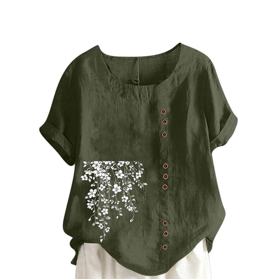ZACPNCV Womens Floral Print Linen Blend Short Sleeve Button Up Shirt Casual Round Neck Top Lightweight Breathable Loungewear