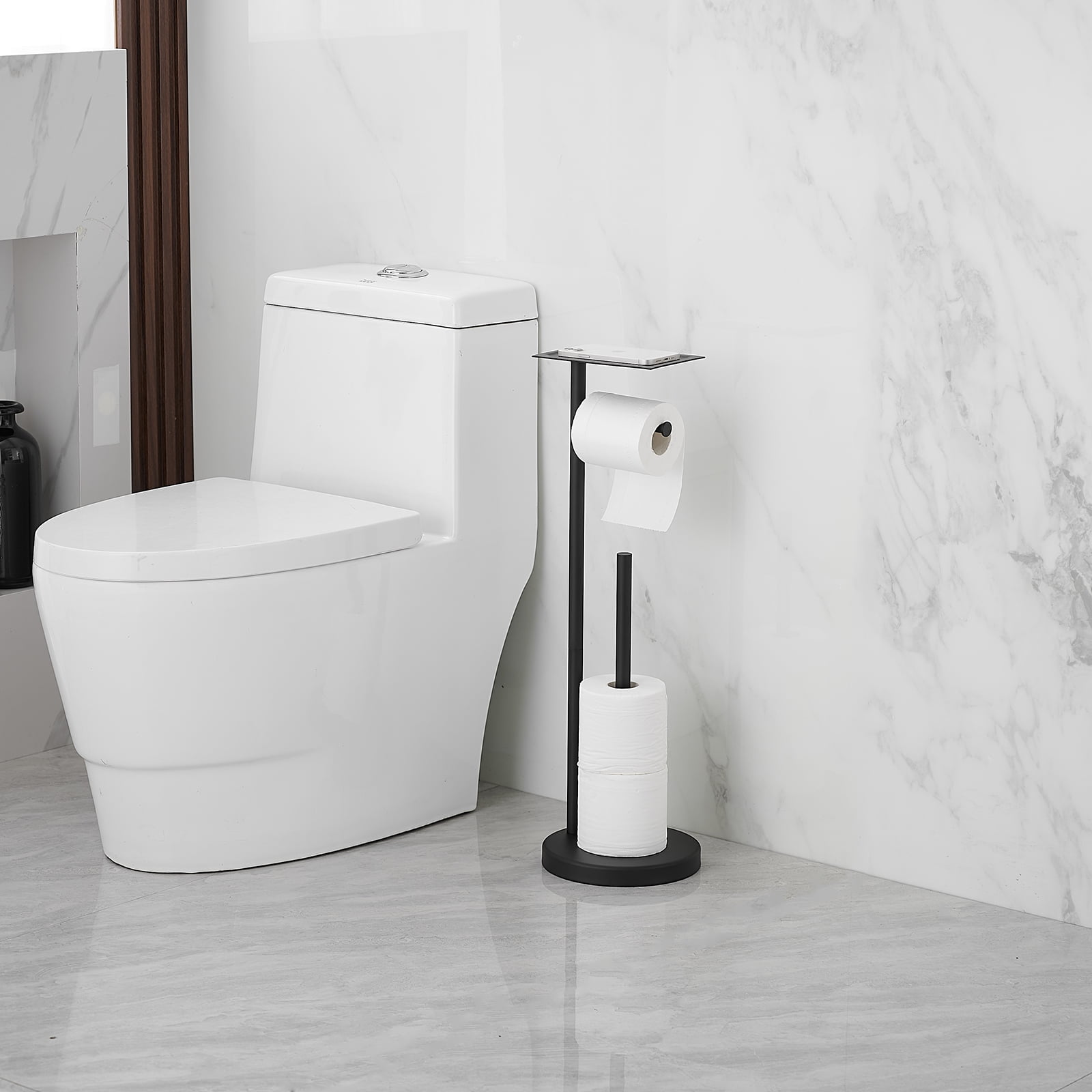 Freestanding Stainless Steel Toilet Paper Holder with Top Storage Shelf in Matte Black