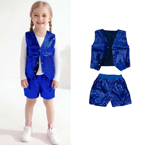Dance for Girls Sparkly Blue Dance Sleeveless Button Vest and Pants Outfit Set Dresses for School Dance Street Dance Outerwear 10-12 Years