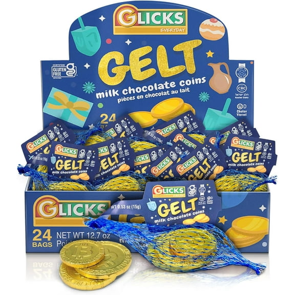 Glicks Milk Chocolate Gold Coins (24 Bags - 72 Total Coins) Hanukah Coins, Chanukah Gelt | Premium Rich Kosher Milk Chocolate Coins, Gluten Free, Product Of Israel, Chalav Yisroel