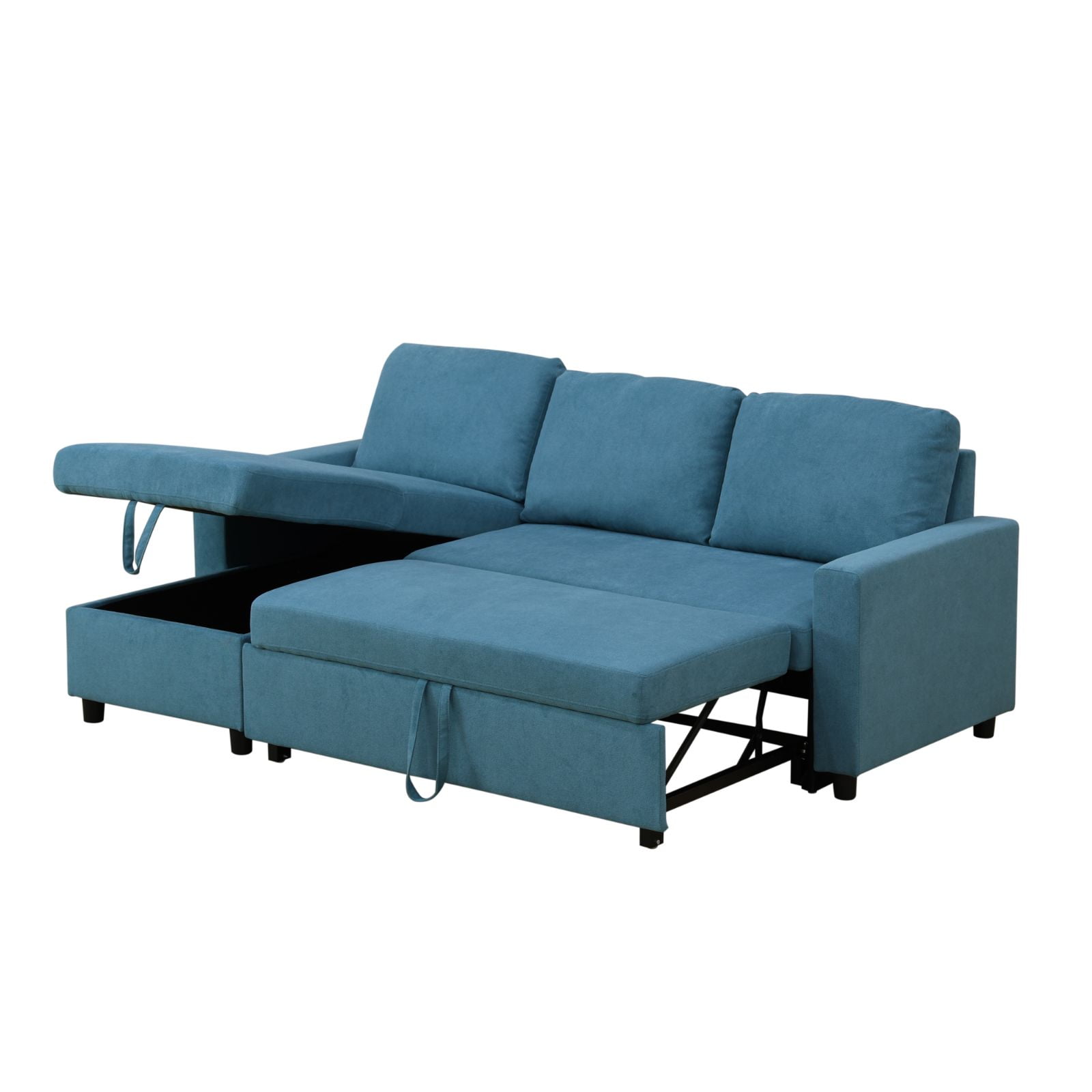 Pull Out Sofa Bed with Storage Chaise, L Shape Sectional Couch Bed Sleeper Sofa with 2 Pillows for Living Room, Blue