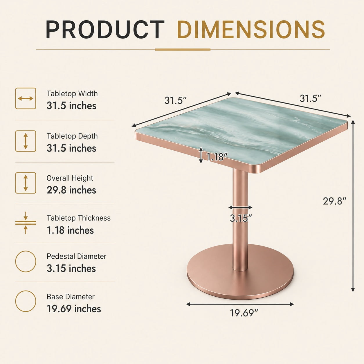 Aukfa 31.5" Square Dining Table for 2-4, Marble-Look Sintered Stone Top, Rose Gold Pedestal Base, Small Spaces,Emerald Green