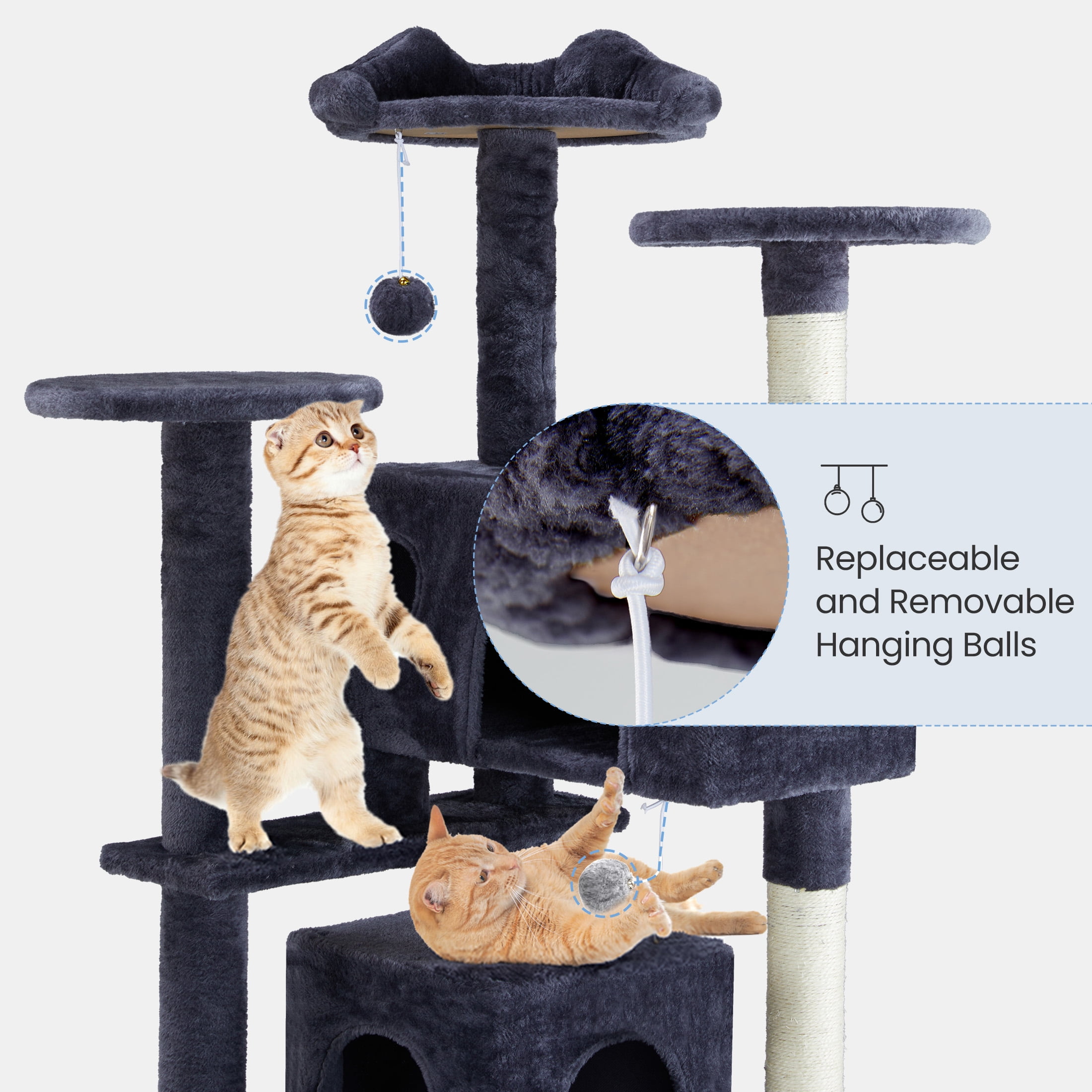 EDX 54" Cat Tree Tower for Indoor Cats, Multi-Level Pet Furniture with Sisal Scratching Post, Large Cozy Condo, Climbing Ramp, Kitten Toy, Dark Grey
