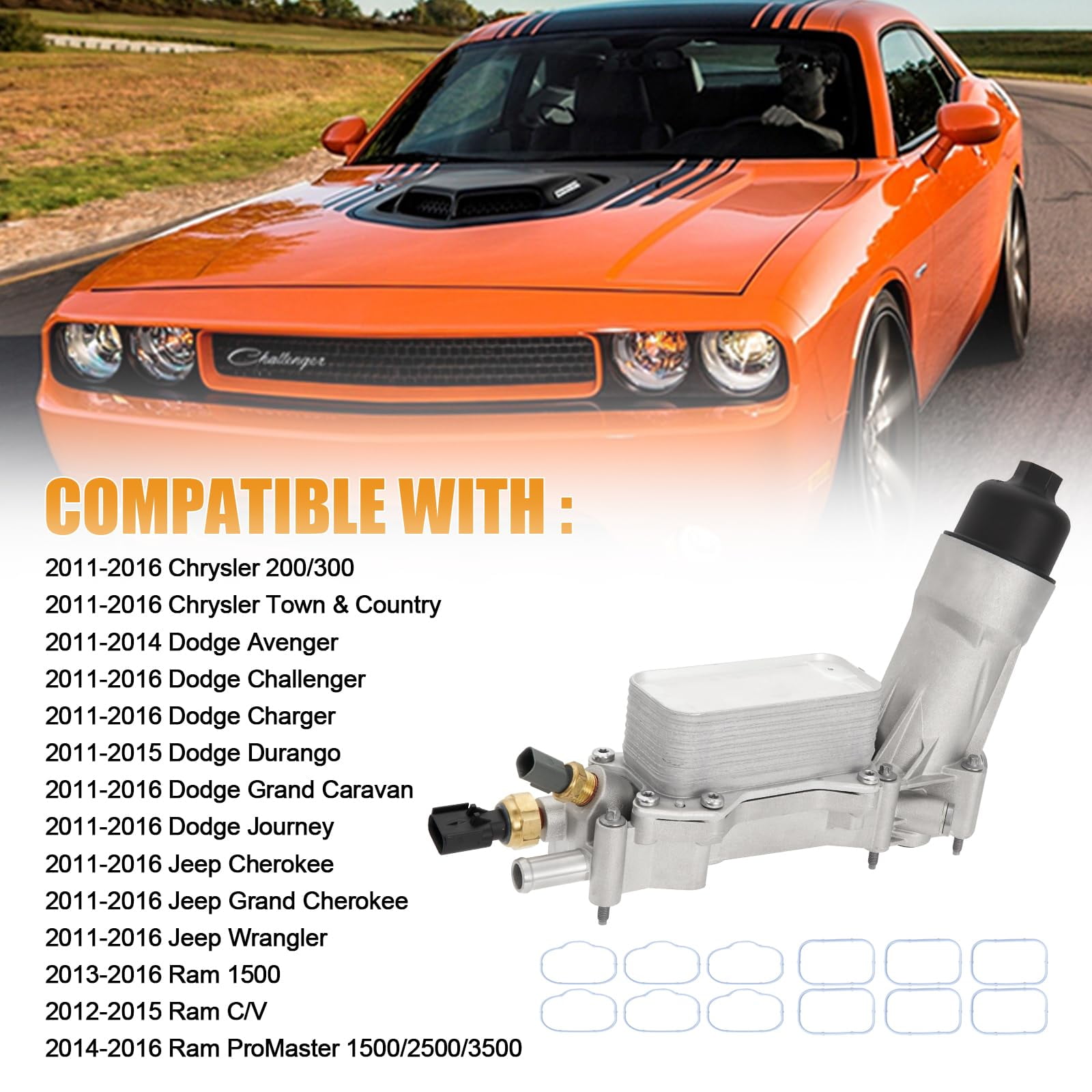 926-959 Aluminum Engine Oil Filter Housing with Oil Cooler Sensors and Gaskets for 2011-2016 Jeep Dodge Chrysler Ram 3.6L