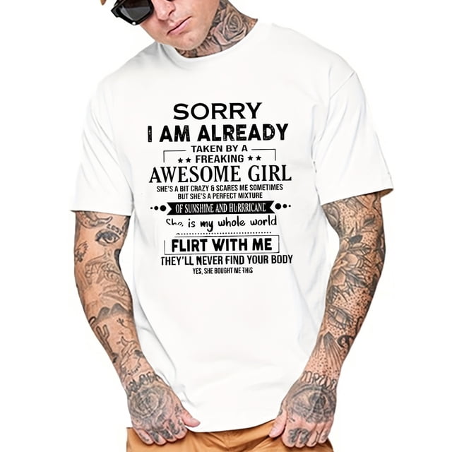 Tees For Men, 'Taken By An Awesome Girl' Print T-Shirt, Casual Short Sleeve T-shirt For Summer Spring Fall, Tops As Gifts