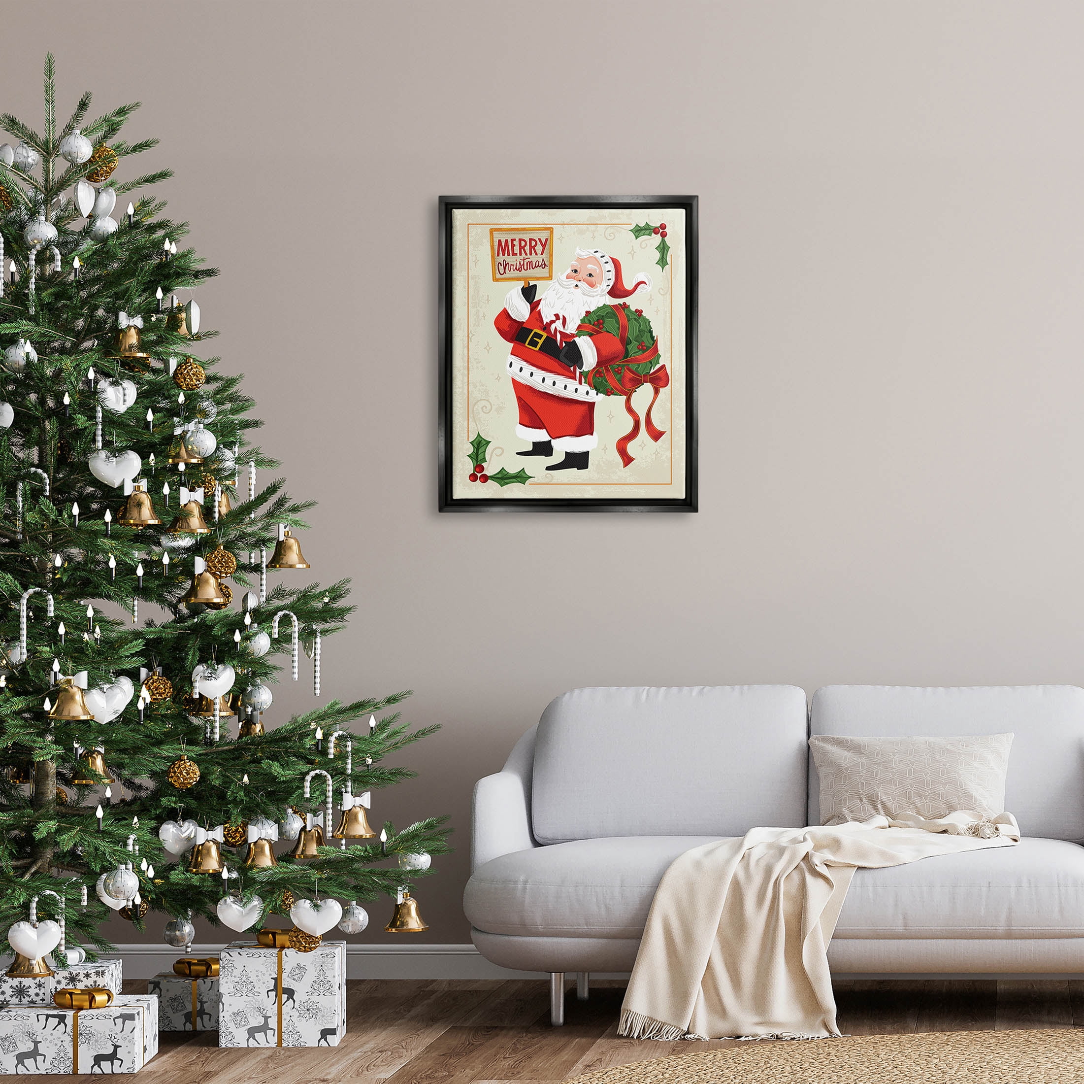 Stupell Industries Vintage Merry Christmas Santa Graphic Art Jet Black Floating Framed Canvas Print Wall Art, Design by Arrolynn Weiderhold