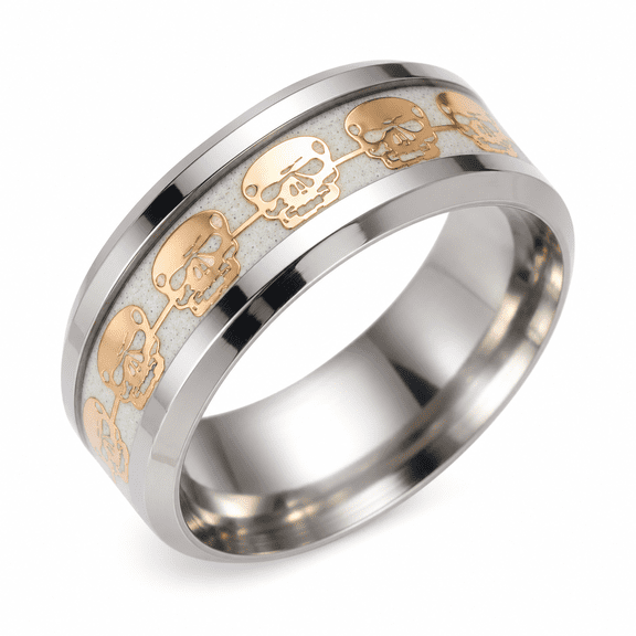 Men's Glow in the Dark Skull Ring, Stainless Steel 8mm Gothic Band
