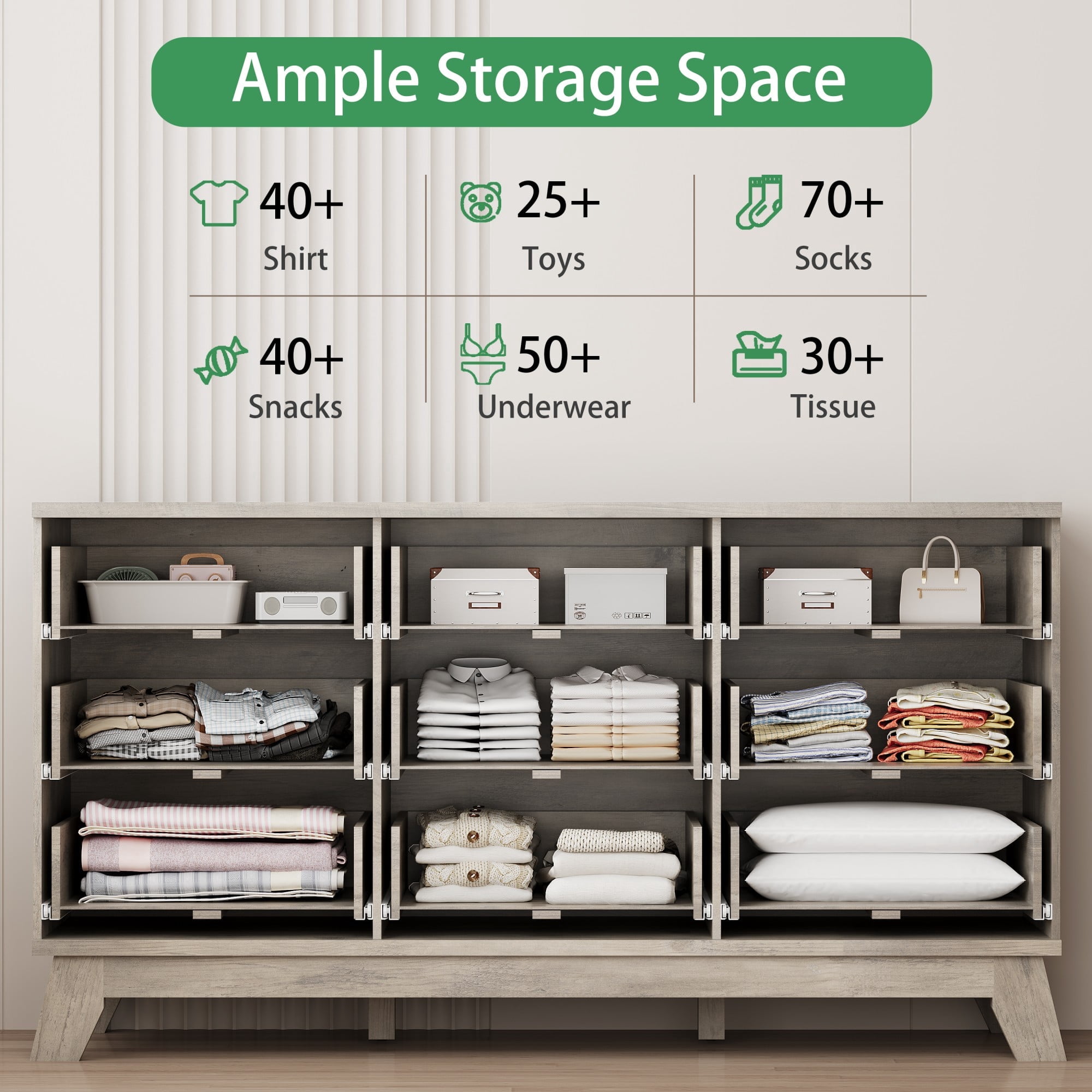 FANRAL 9 Drawers Dresser Fluted Dresser for Bedroom,Wooden Chest of Drawers Modern Dresser for Closet,Gray Dresser