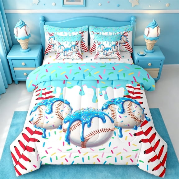 meiyoeat Watercolor Baseball Cream 7 Pieces Full Size Bedding Sets For Kids,Ball Ice Drip Full Size Bed in a Bag For Boys,Reversible