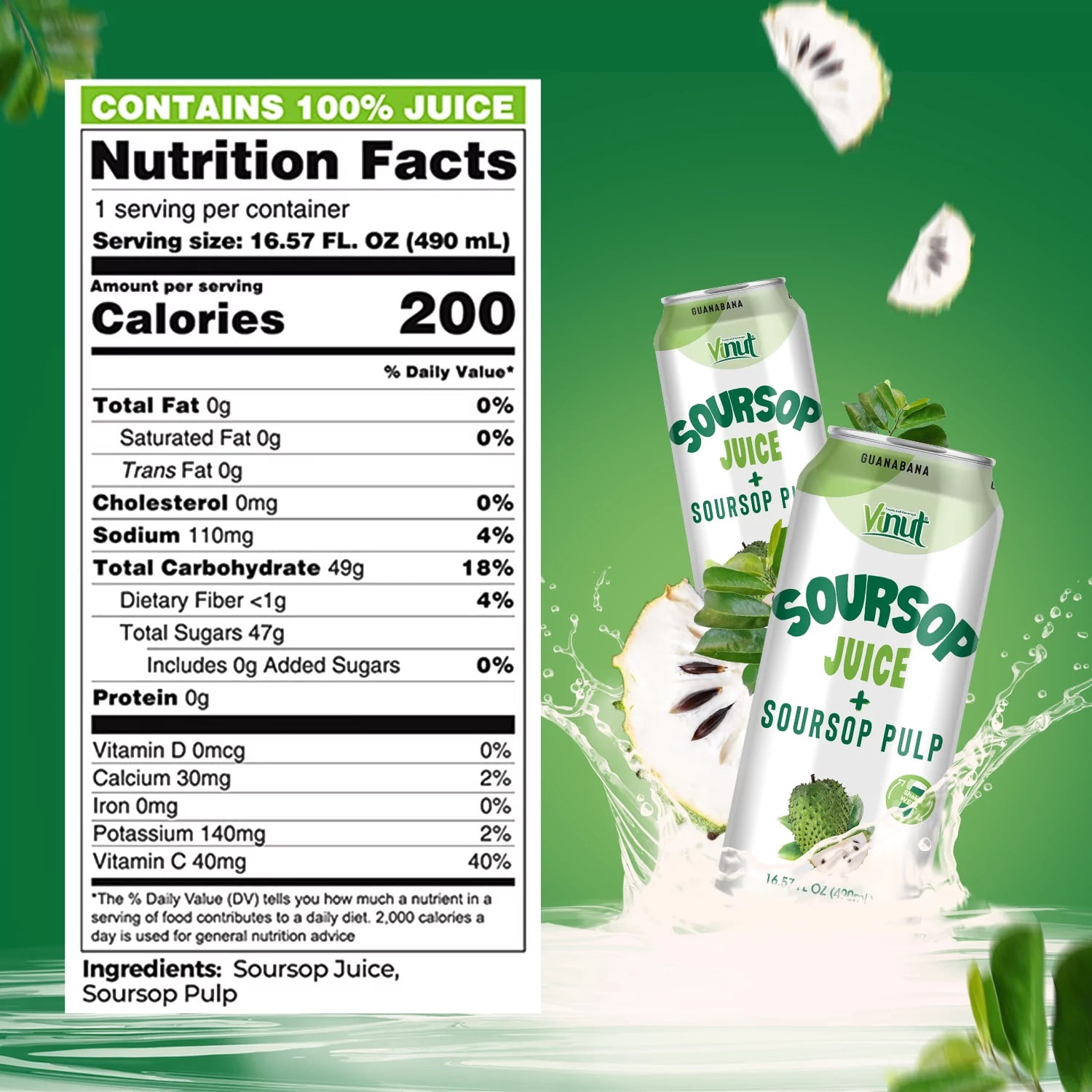 Vinut 16. 57 fl oz 100% NFC Soursop Juice Drink with Pulp (No Added Sugar)
